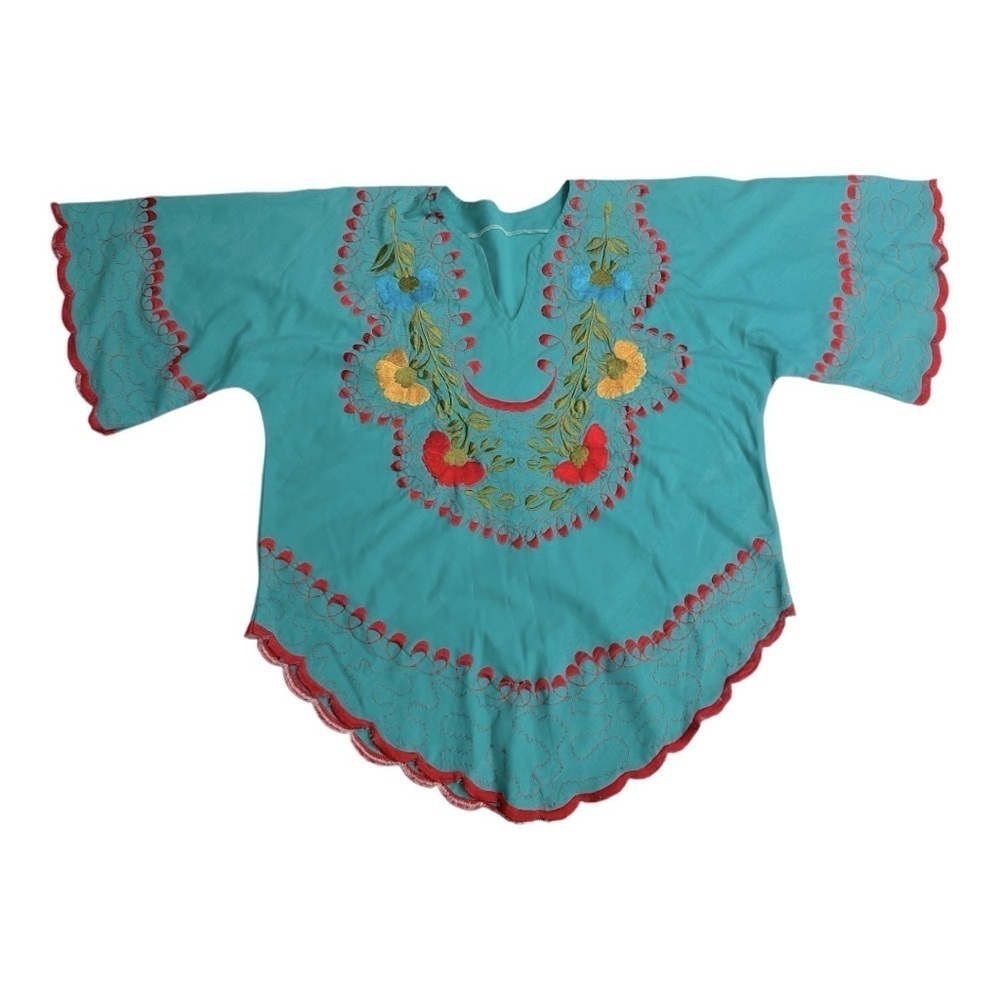 VTG Turquoise Embroidered Floral Mexican Blouse Boho Peasant Top M - Picture 6 of 15